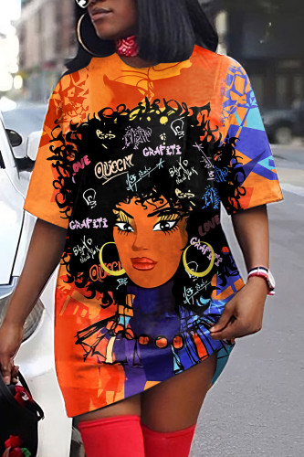 Orange Casual Print Basic O Neck T-shirt Dress Short Sleeve Dress