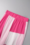 Pink Casual Plaid Print Patchwork Chalecos Pantalones U Cuello Sin mangas Dos piezas