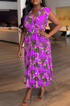 Пурпурные повседневные платья Пэчворк с V-образным вырезом и плиссированным принтом