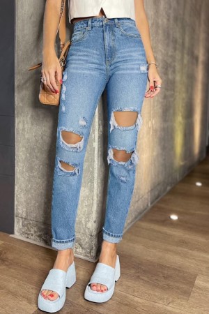 Blue Casual Solid High Waist Regular Distressed Ripped Denim Jeans