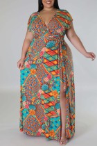 Mehrfarbiges, lässiges Kleid mit Schlitz, V-Ausschnitt, kurzen Ärmeln, Kleider in Übergröße