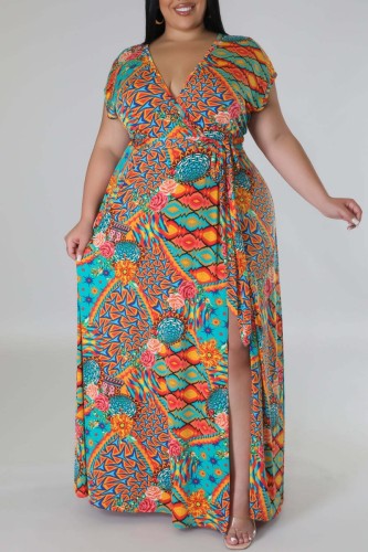 Multicolor Casual Print Slit V Neck Short Sleeve Dress Plus Size Dresses