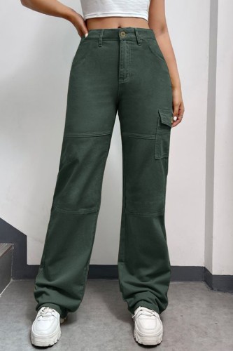 Green Casual Solid Patchwork High Waist Regular Wide Leg Cargo Denim Jeans