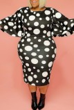Yellow Casual Dot Print Patchwork O Neck Long Sleeve Plus Size Dresses