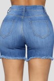 Pantalones cortos de mezclilla flacos de cintura alta rasgados sólidos informales azul profundo