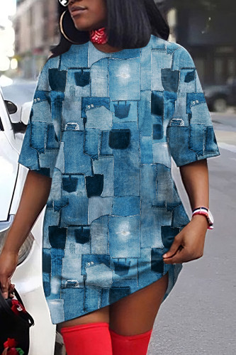 Blue Casual Print Basic O Neck Short Sleeve Dress