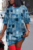 Mörkblå Casual Print Basic O-hals kortärmad klänning