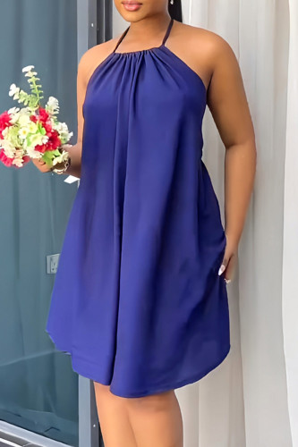 Vestido azul sexy casual com bandagem sólida sem costas frente única sem mangas