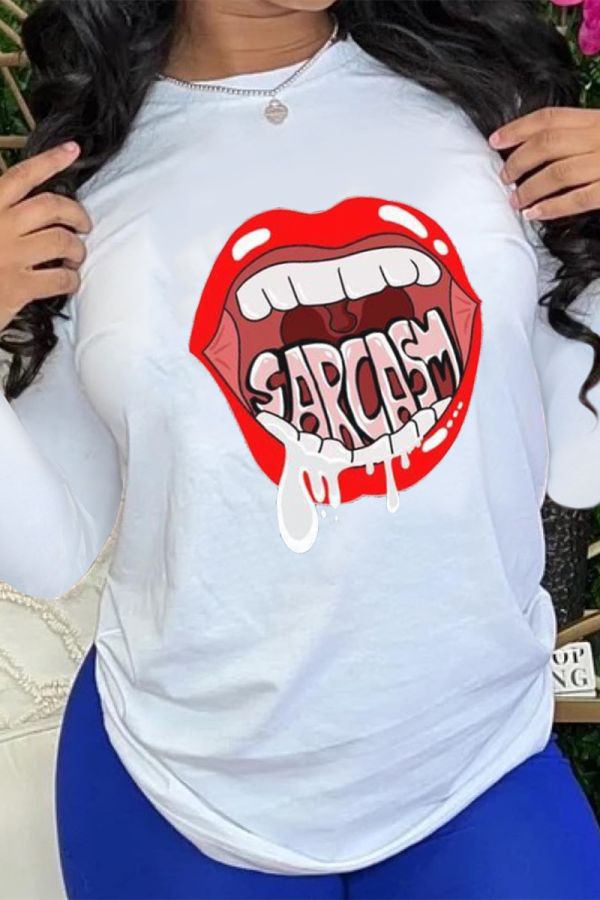 White Casual Daily Lips Printed Patchwork O Neck Tops