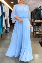 Robe longue décontractée à col rond et patchwork bleu clair