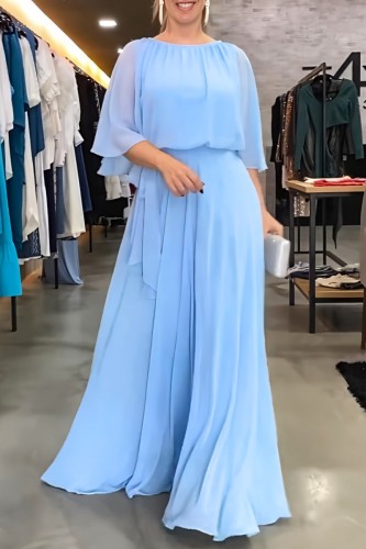 Blaue beiläufige feste Patchwork-O-Ansatz-lange Kleid-Kleider