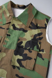Green Casual Camouflage Print Cardigan Turndown Collar Tops