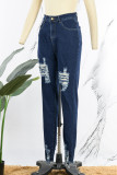 Diepblauwe casual effen gescheurde patchwork skinny jeans met hoge taille