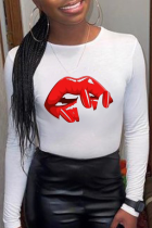 White Casual Daily Lips Printed Patchwork O Neck Tops