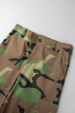 Parte inferior de estampado completo convencional de cintura alta regular de patchwork con estampado de camuflaje informal verde militar