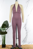 Cyaan Sexy Solid Backless Halter Skinny Jumpsuits