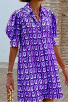 Фиолетовый повседневный принт Лоскутное платье-рубашка с отложным воротником Платья Платья