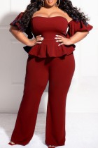Röd Sexig Casual Solid Backless Off the Shoulder Plus Size Jumpsuits