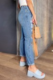 Blue Casual Solid High Waist Regular Distressed Ripped Denim Jeans