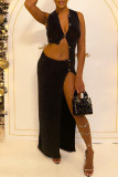 Black Sexy Solid Hollowed Out Patchwork Buckle Slit Asymmetrical Straight Dresses