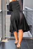 Black Casual Solid Hollowed Out V Neck A Line Dresses