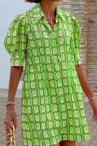 ライトグリーンカジュアルプリントパッチワークターンダウンカラーシャツドレスドレス