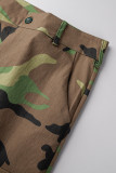 Verde Exército Casual Camuflado Estampado Patchwork Regular Cintura Alta Convencional Calças de Baixo Estampadas Completas