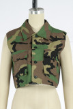 Groene Casual Camouflage Print Vest Turndown Kraag Tops