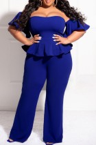 Blauw Sexy Casual Solid Backless Off-shoulder Jumpsuits in grote maten