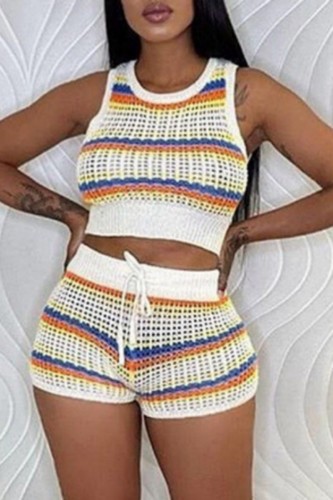 White Casual Patchwork Contrast O Neck Sleeveless Two Pieces