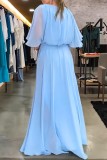 ブルー カジュアル ソリッド パッチワーク Oネック ロングドレス ドレス