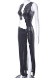 Vestidos rectos asimétricos con abertura en la hebilla de retazos ahuecados sólidos negros sexy