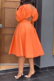 Robes de robe à manches courtes à col rond et à patchwork orange décontractées