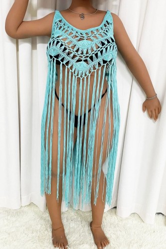 Blue Sexy Solid Tassel Hollowed Out Swimwears Cover Up