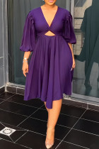Púrpura Casual Sólido Ahuecado Cuello en V Una línea Vestidos