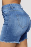 Темно-синие повседневные однотонные джинсовые шорты скинни с высокой талией и рваными краями