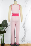 Roze casual geruite print patchwork vesten broek U-hals mouwloos twee stukken