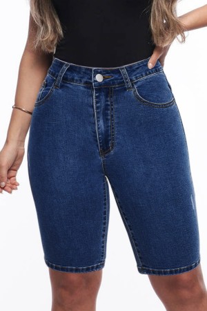 Deep Blue Casual Solid Patchwork High Waist Skinny Denim Shorts