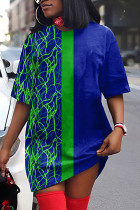 Blå Casual Print Basic O-hals T-shirt klänning kortärmad klänning