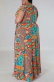 Multicolor Casual Print Slit V Neck Short Sleeve Dress Plus Size Dresses