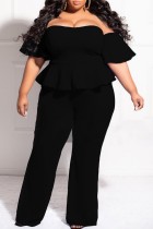Zwart Sexy Casual Solid Backless Off-shoulder Grote maten jumpsuits