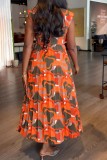 Orange Casual Print Patchwork V-hals veckade klänningar