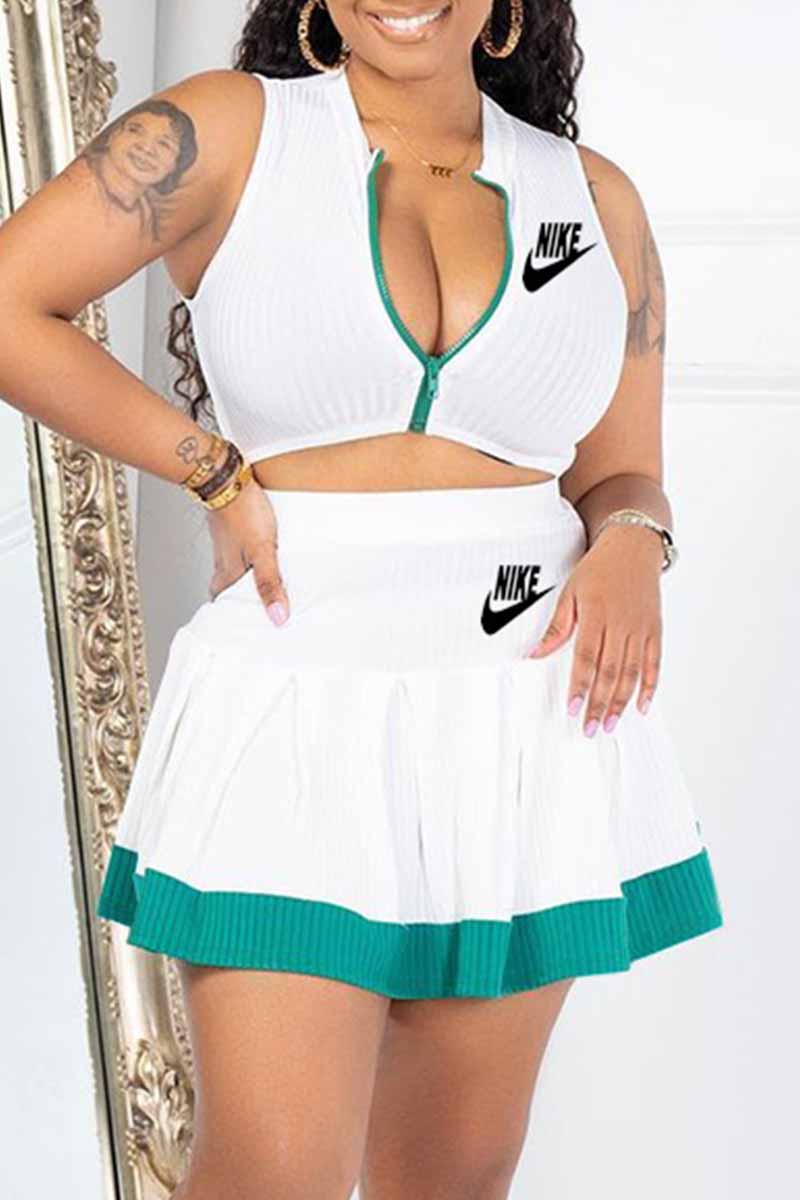

White Casual Print Letter Zipper Collar Sleeveless Two Pieces