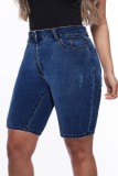 Short en jean skinny taille haute à patchwork uni décontracté bleu profond