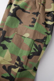 Verde Exército Casual Camuflado Estampado Patchwork Regular Cintura Alta Convencional Calças de Baixo Estampadas Completas