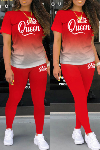 Red Casual Gradual Change Letter Print Basic O Neck Short Sleeve Two Pieces