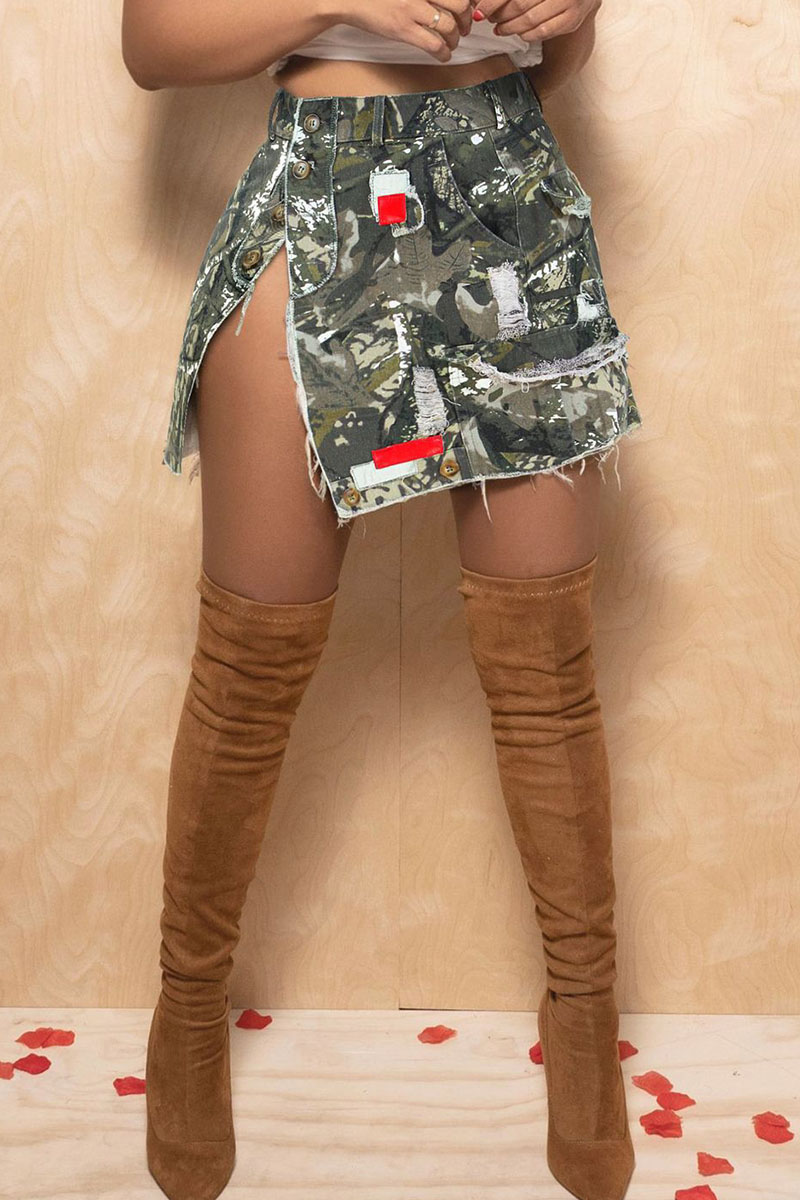 

Gray Green Casual Street Print Patchwork Buttons Slit High Waist Type A Full Print Bottoms