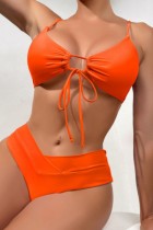 Оранжево-красные сексуальные однотонные купальники с открытой спиной и уздечкой (с прокладками)