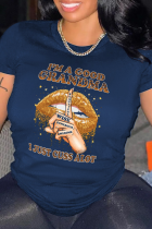Marinblå sexiga gatuläppar tryckta Patchwork T-shirts med bokstav O-hals