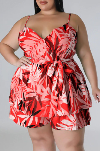 Red Casual Print Patchwork Spaghetti Strap Plus Size Two Pieces